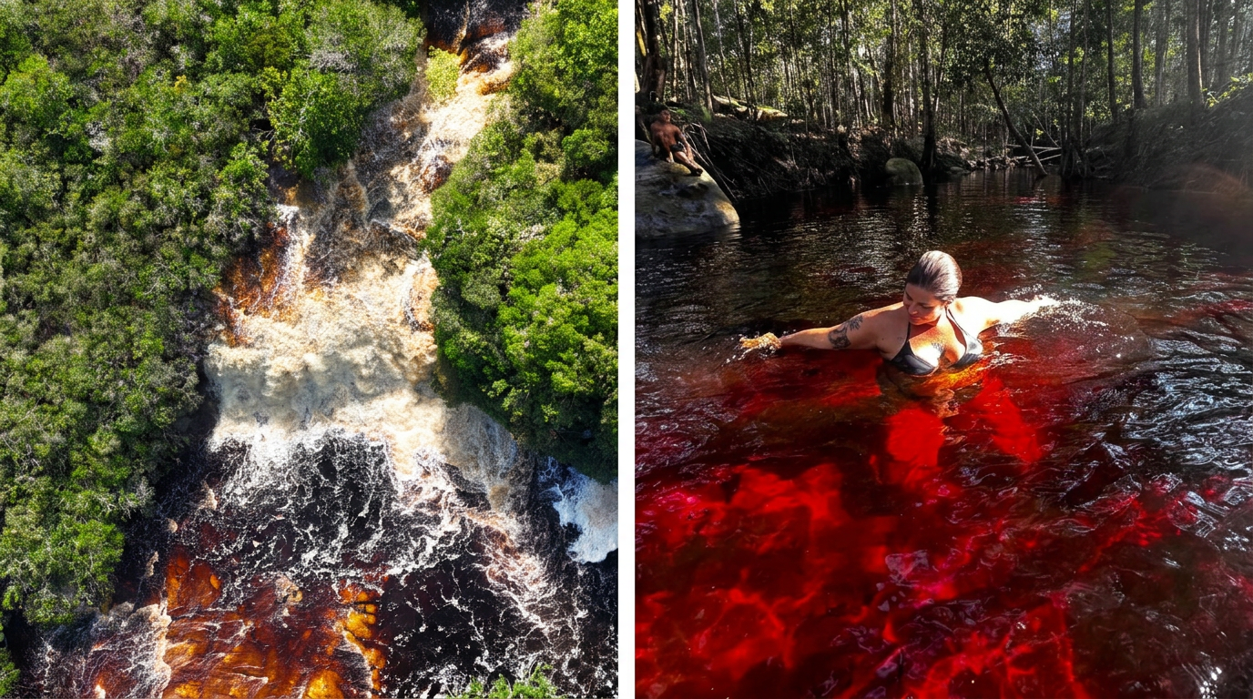 Águas cristalinas e rio vermelho na Rota das Águas Cristalinas